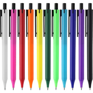 A set of plastic pens in various colours including pink, orange, yellow, green, purple, and black, with one white pen.