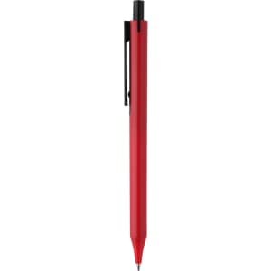 A plastic pen in vibrant red with a black clip and a smooth design, featuring a logo on the side.