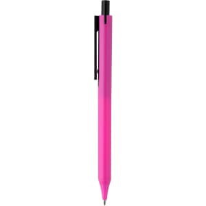 A plastic pen in a gradient of pink, featuring a black clip and a branded logo.