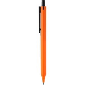 An orange plastic pen with a black clip, featuring a sleek design and a logo.