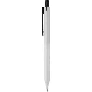 A plastic pen in white with a black clip and tip. The pen features a logo on the side.
