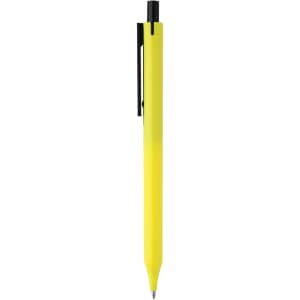 A plastic pen in bright yellow with a black clip and nib, featuring a branding logo.