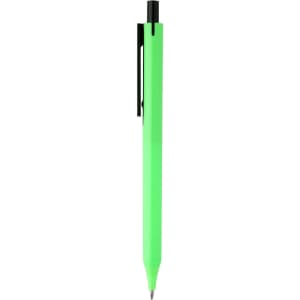 A bright green plastic pen with a black clip and nib, featuring a simple design and branding.