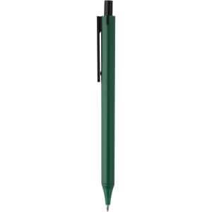 A plastic pen in dark green with a black clip and a simple design, featuring a logo on the barrel.
