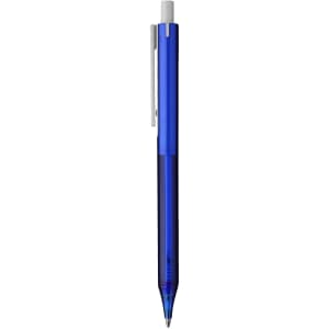 A blue plastic pen with a white clip and a transparent barrel featuring a logo.