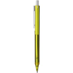 A plastic pen in bright yellow with a clear barrel and white clip, featuring a branding logo.