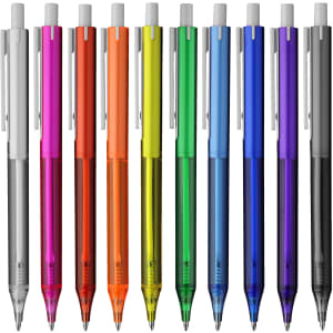 A collection of plastic pens in various colours, including purple, green, blue, yellow, orange, red, and black, with a logo.
