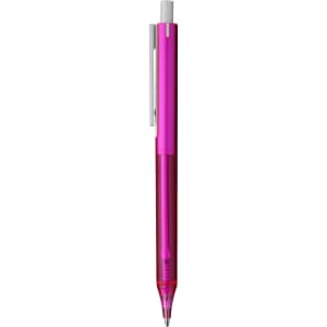 A pink plastic pen featuring a silver clip and a clear barrel. It has a logo on the body.