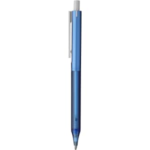 A blue plastic pen featuring a clip and a transparent body, with a branding logo present.