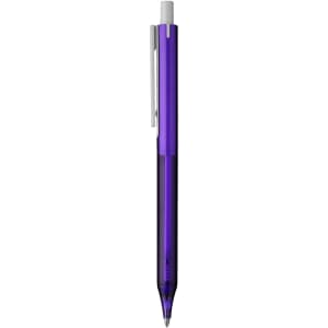 A purple plastic pen with a white clip and a smooth ballpoint tip, featuring branding on the barrel.