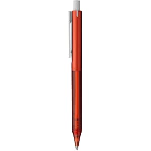 A red plastic pen with a white clip and a visible ink mechanism. It features a simple design and has a logo.