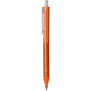 An orange plastic pen with a silver clip and a visible ink tip at the bottom.