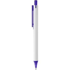 A plastic pen in white with a purple click mechanism and a clip. It features a branding logo.