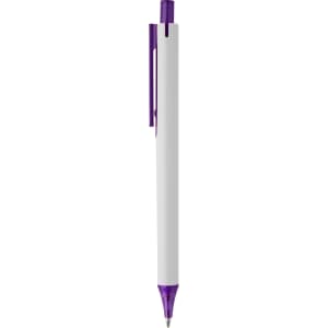 A white plastic pen with a purple clip and tip, featuring a logo on the body.