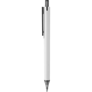 A plastic pen in white with a chrome clip and black details. The pen features a smooth design and has a logo.