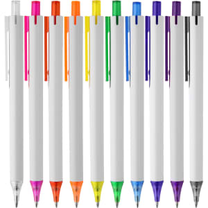 A collection of white plastic pens in various colours, including orange, yellow, green, blue, purple, and black.