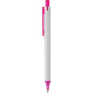 A plastic pen in white with pink accents, featuring a logo on its barrel.