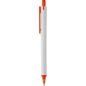 A plastic pen in white with a bright orange clip and tip. Features a logo on the body.
