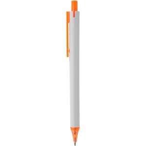 A plastic pen in white with orange accents and a clip. Features a simple, sleek design.