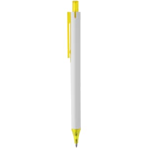 A white plastic pen with a yellow click mechanism and tip. It features a simple design and includes a logo.