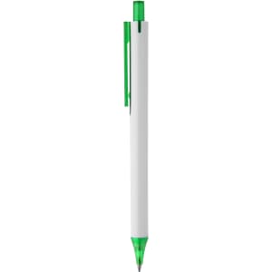 A plastic pen in white with a green clip and tip, featuring a logo on the barrel.