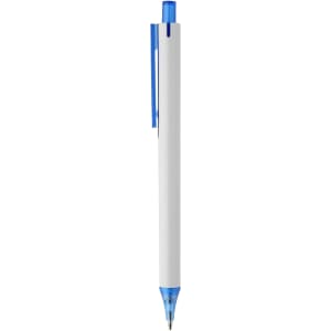 A plastic pen in white with a blue cap and blue ink, featuring a branding logo.