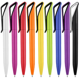 A collection of plastic pens in white, purple, orange, green, yellow, black, and other vibrant colours, featuring clips and a logo.