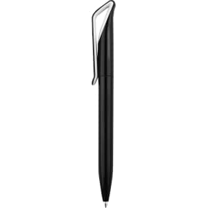 A black plastic pen with a clip and a sleek design, featuring a logo on the barrel.