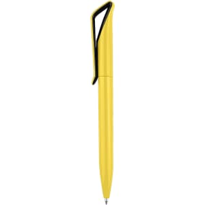 A yellow plastic pen with a sleek design and a black clip, featuring a branding logo.
