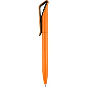 An orange plastic pen with a sleek design and a grip clip. The pen has a logo on its surface.