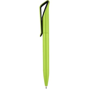 A green plastic pen with a black clip and a smooth design. It features a branding logo on the body.