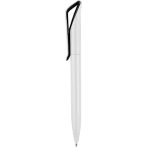A plastic pen in white with a black clip, featuring a simple, sleek design and a logo.