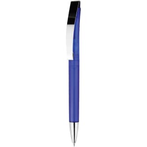 A plastic pen in vibrant blue with a shiny silver clip and a sleek design. It features a logo on the barrel.
