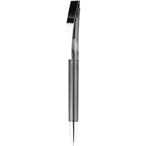 A pen with a sleek and modern design, featuring a black plastic body and silver accents. It has a clip for attachment.