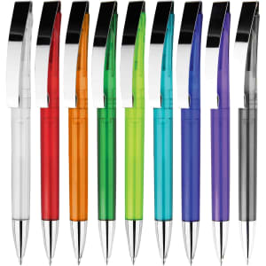 A collection of plastic pens in red, orange, green, blue, purple, and clear, featuring chrome accents and a logo.