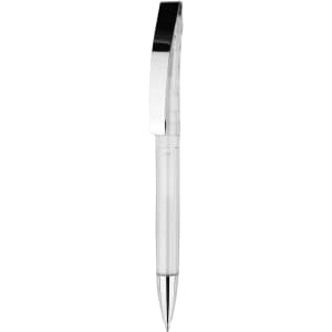 A plastic pen in clear with silver accents and a clip feature. It has a sleek, modern design.
