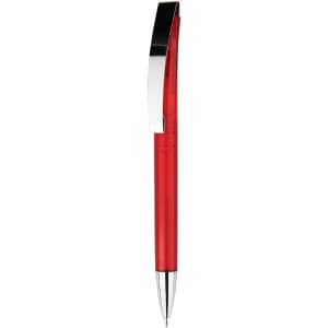 A red plastic pen with a shiny silver clip and a chrome tip. It features a sleek design and has a branding logo.