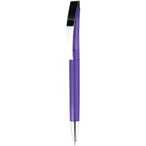 A plastic pen in purple with a black clip and a silver tip, featuring a logo on the barrel.