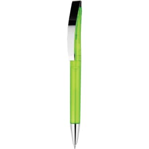 A plastic pen in bright green with a shiny chrome clip and tip. The pen features a logo on its body.