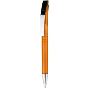 An orange plastic pen with a chrome clip and tip, featuring a sleek design and modern aesthetic.