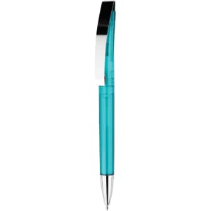 A plastic pen in a vibrant turquoise colour with a shiny silver clip and a branding logo.