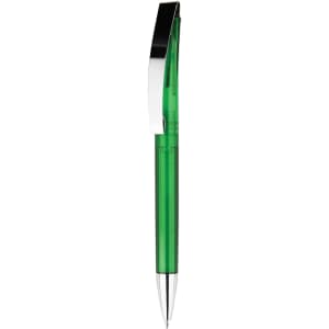 A green plastic pen with a silver clip and a sleek design. It features a branding logo on the surface.