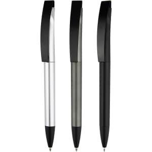 Three plastic pens in silver, grey, and black, featuring sleek designs and clip tops. Each pen has a branding logo.