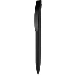 A black plastic pen with a sleek design and a clip, featuring a logo on the body.