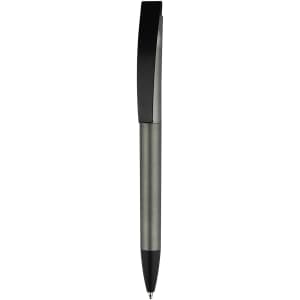 A plastic pen in grey and black with a sleek design and a clip at the top, featuring branding.