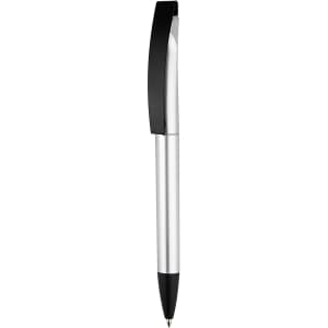 A plastic pen with a silver barrel and black accents, featuring a clip and a logo.