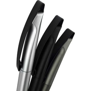 Three plastic pens in silver and black, featuring smooth designs and clips for easy attachment.