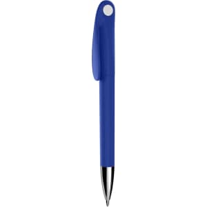 A blue plastic pen with a sleek design and a round clip. The pen features a glossy finish and a chrome tip.