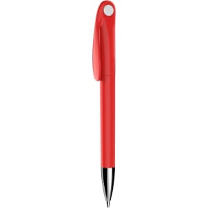 A red plastic pen with a smooth finish and a clip, featuring a logo on the barrel.