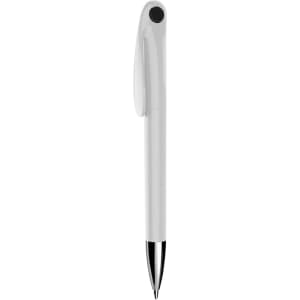A white plastic pen with a black tip and a clip, featuring a logo on the barrel.